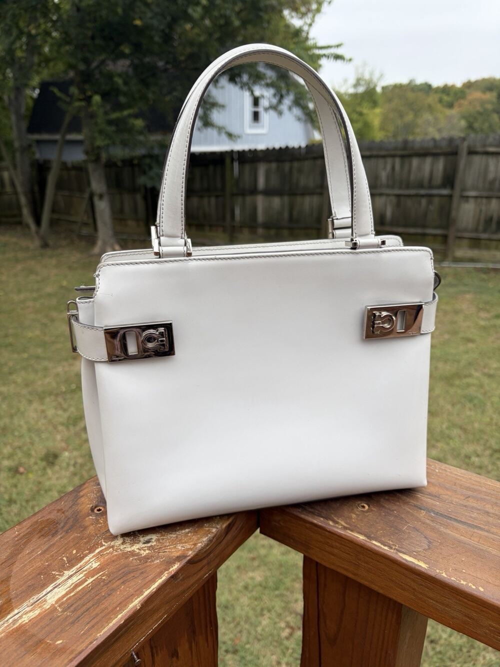 Salvatore Ferragamo Top Handle Purse Off White/Gray Leather Silver Tone